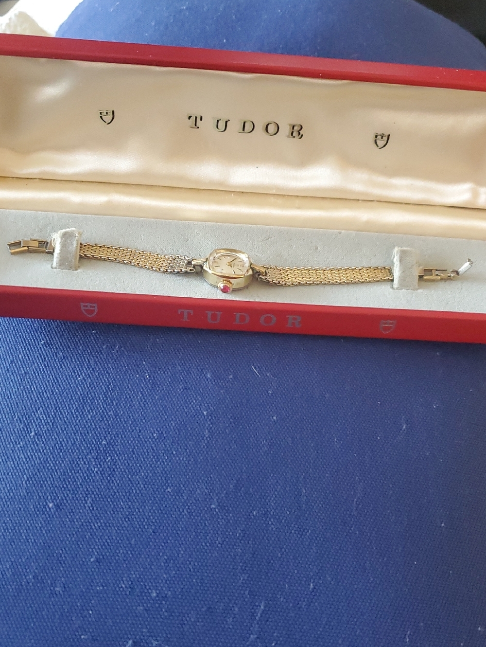 Tudor Women’s Gold-Tone Mesh Bracelet Watch with Red Crown Accent